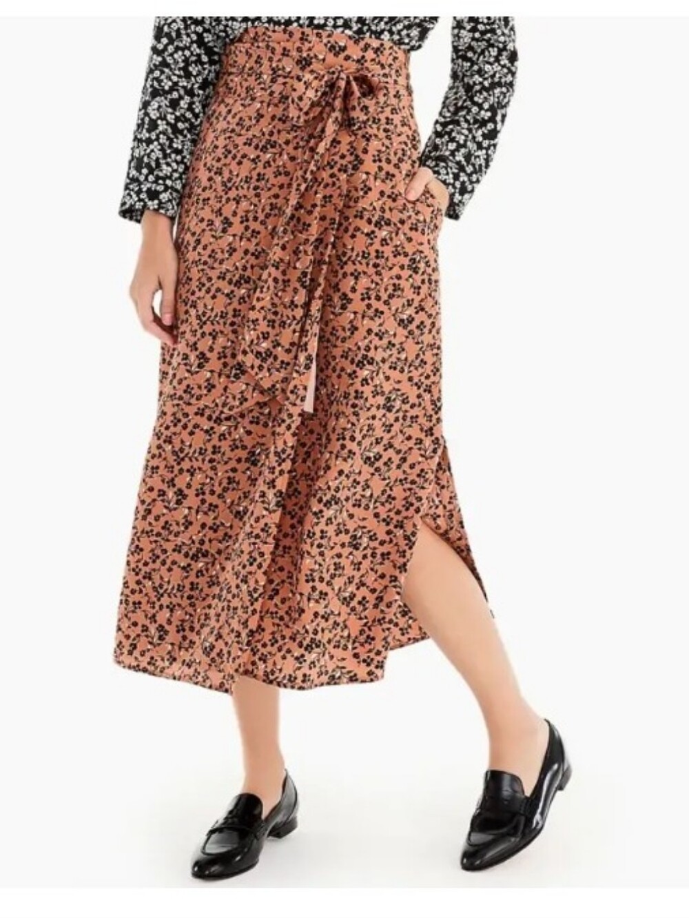 Point Sur J.Crew High Waisted 100% Silk Wrap Skirt Floral Print Light Brown Blk